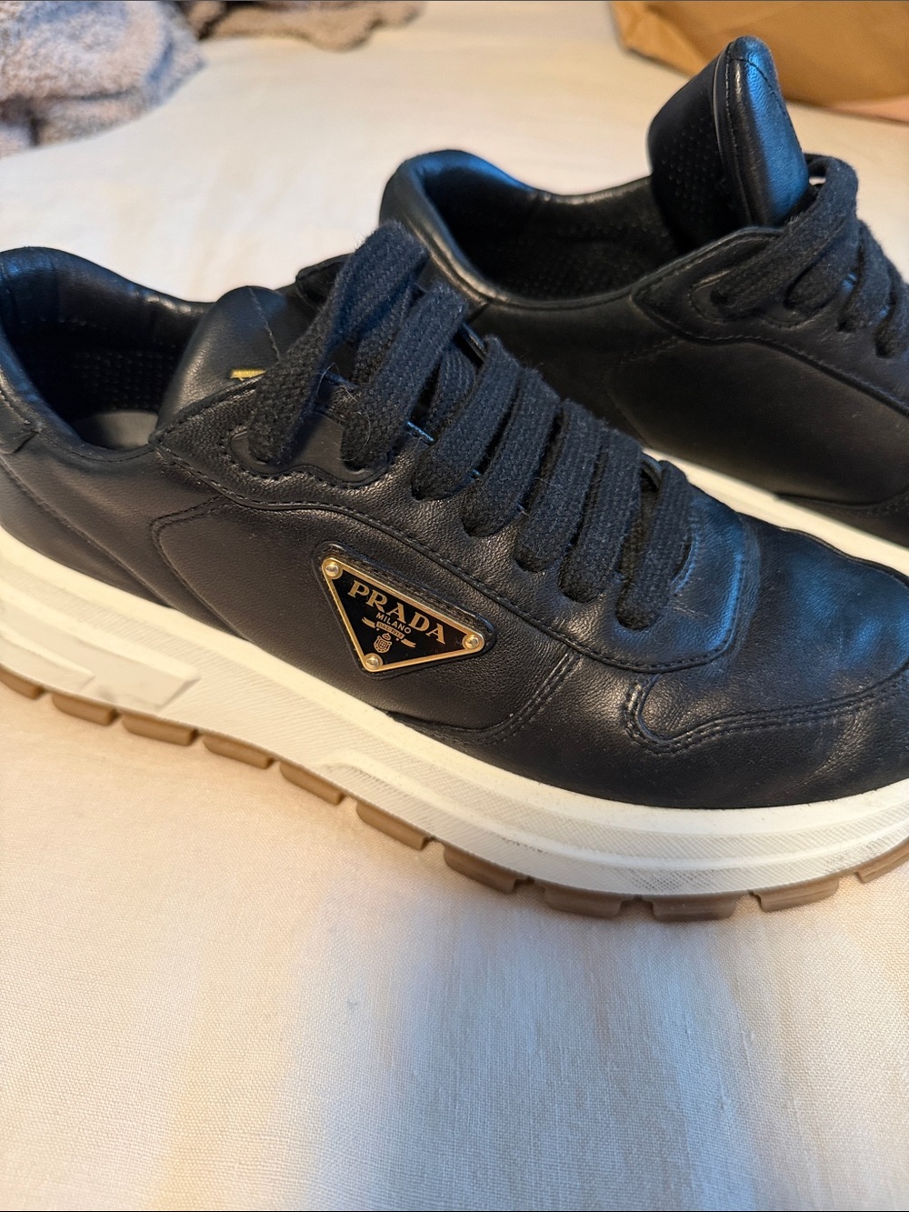 Prada Black Leather Low-Top Sneakers with White Sole
